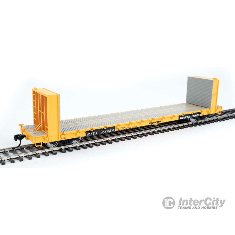 Walthers Mainline 5877 60′ Pullman-Standard Bulkhead Flatcar (48′ IL) – Ready to Run — PTTX #93424 (yellow)