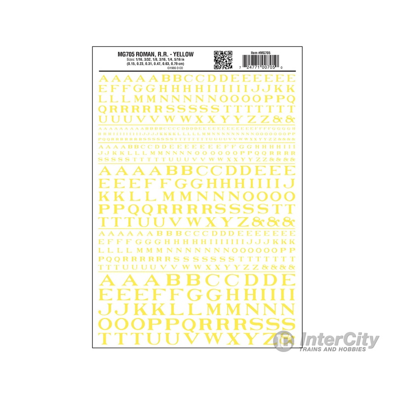 Woodland Scenics 705 Dry Transfer Alphabet – Railroad Roman – 1/16, 3/32, 1/8, 3/16, 1/4 & 5/16″ — Yellow