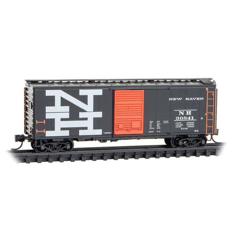 Micro Trains N 2000557 40′ Single-Door Boxcar – New Haven #36841 (1956 Scheme, black, Vermillion, white, Large NH)
