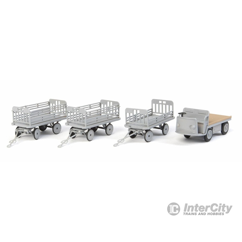 Walthers SceneMaster 4141 Baggage Tractor and Trailers – Plastic Kit — Non-Powered Tractor and 3 Trailers (gray)