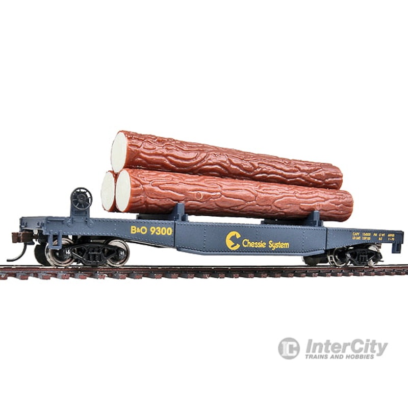 Walthers Trainline 1772 Log Dump Car with 3 Logs – Ready to Run — Chessie-Baltimore & Ohio 9300 (blue, yellow)
