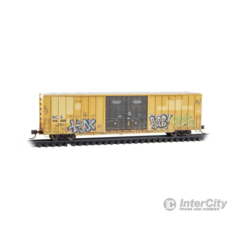 Micro Trains N 12344150 60′ Rib-Side, Double-Plug-Door High-Cube Boxcar – Kansas City Southern #112499 (Weathered, Ex-RBOX, yellow, black, graffiti)