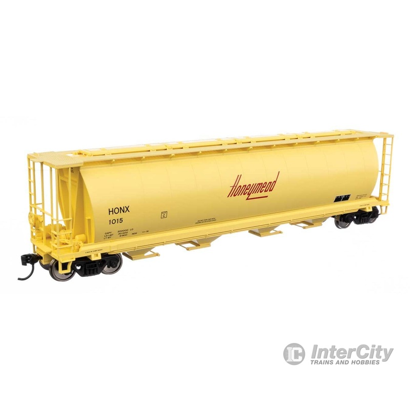 Walthers Mainline 7897 59′ Cylindrical Hopper – Ready to Run — Honeymead #1015 (yellow, black, red logo; trough hatches)